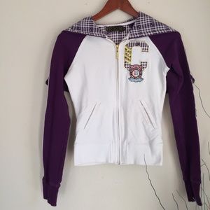 Coogi Full Zip Varsity Hoodie Plaid Cropped Fitted Purple White XS Embroidered